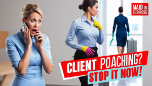 What to Do When a Client Tries to Poach Your Cleaner. YouTube thumbnail showing a lady looking shocked and a cleanin leaving. Maid In Business blog.