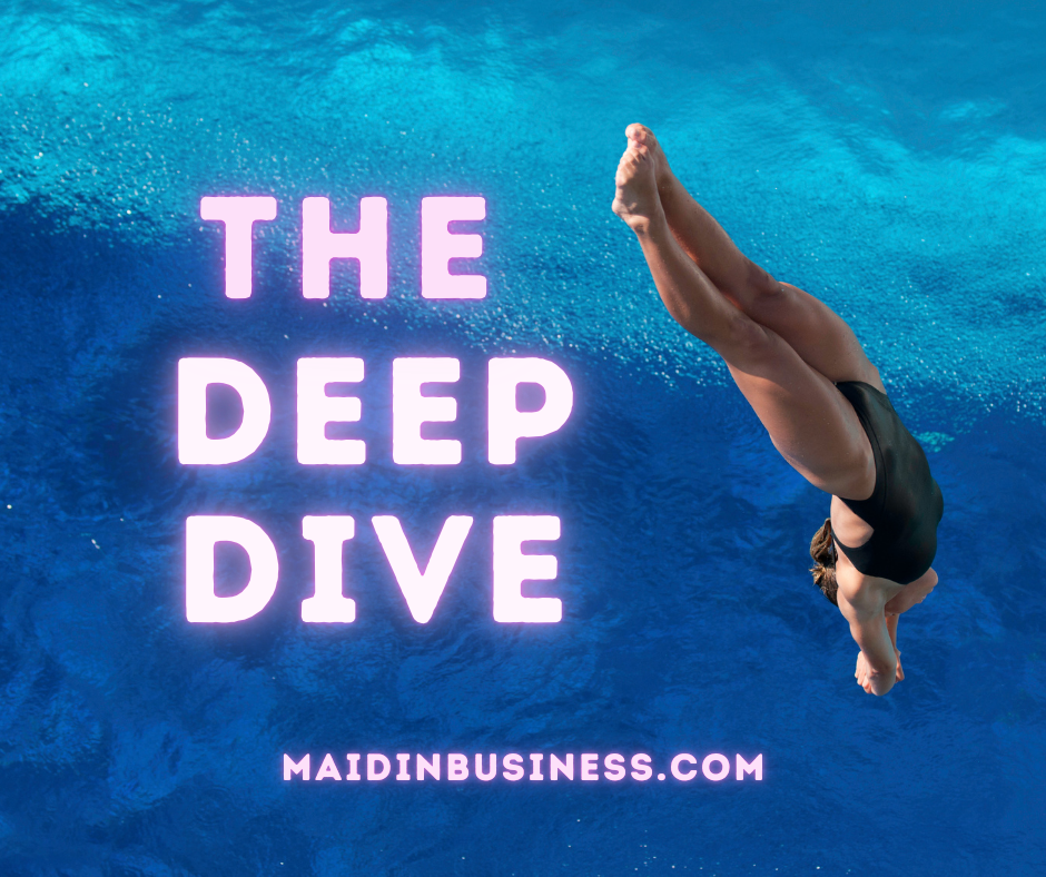 Maid In Business Coaching Service - The Deep Dive - A black background with a pink/turquoise lightening bolt and the words The Deep Dive written in pink neon. From the Maid In Business website