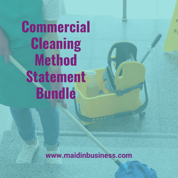 Maid In Business Done For You Templates - Commercial cleaning method statements. Turquoise background with purple writing and picture of desk and a duster. From the Maid In business website and shop 