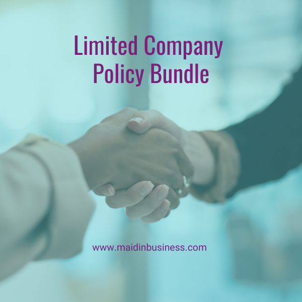 M aid In Business done for you templates. Limited company policy bundle. Turquoise background with purple writing and a graphic of a contract. From the Maid In Business website